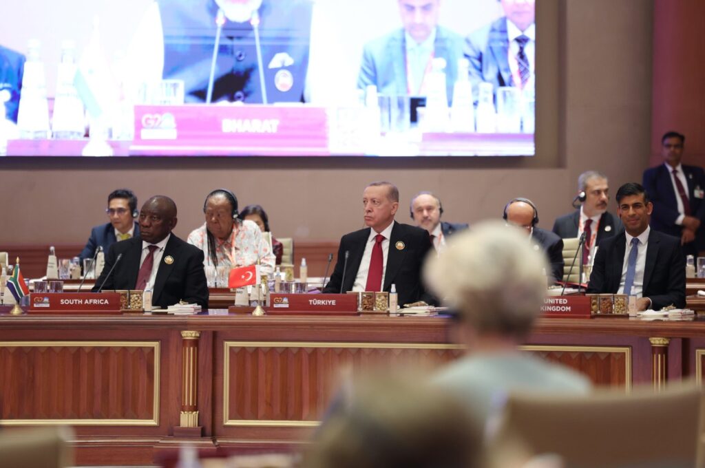 President Recep Tayyip Erdoğan is seen at the first session of the G20 leaders summit in New Delhi, India, Sept.9, 2023 (IHA Photo)