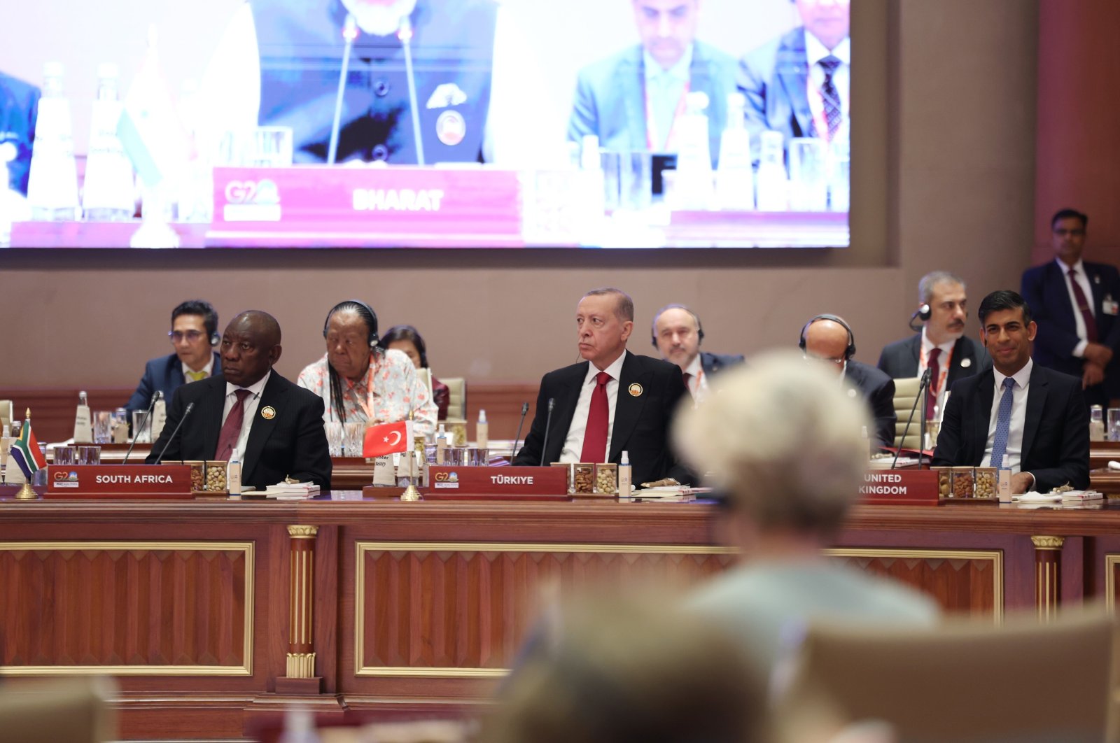 President Recep Tayyip Erdoğan is seen at the first session of the G20 leaders summit in New Delhi, India, Sept.9, 2023 (IHA Photo)