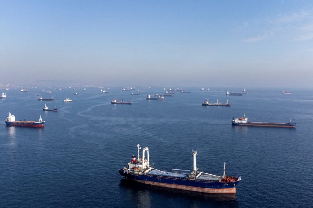 Commercial vessels including vessels that are part of the Black Sea grain deal wait to pass the Bosporus strait off the shores of Yenikapı during a misty morning in Istanbul, Türkiye, Oct. 31, 2022. (Reuters Photo)