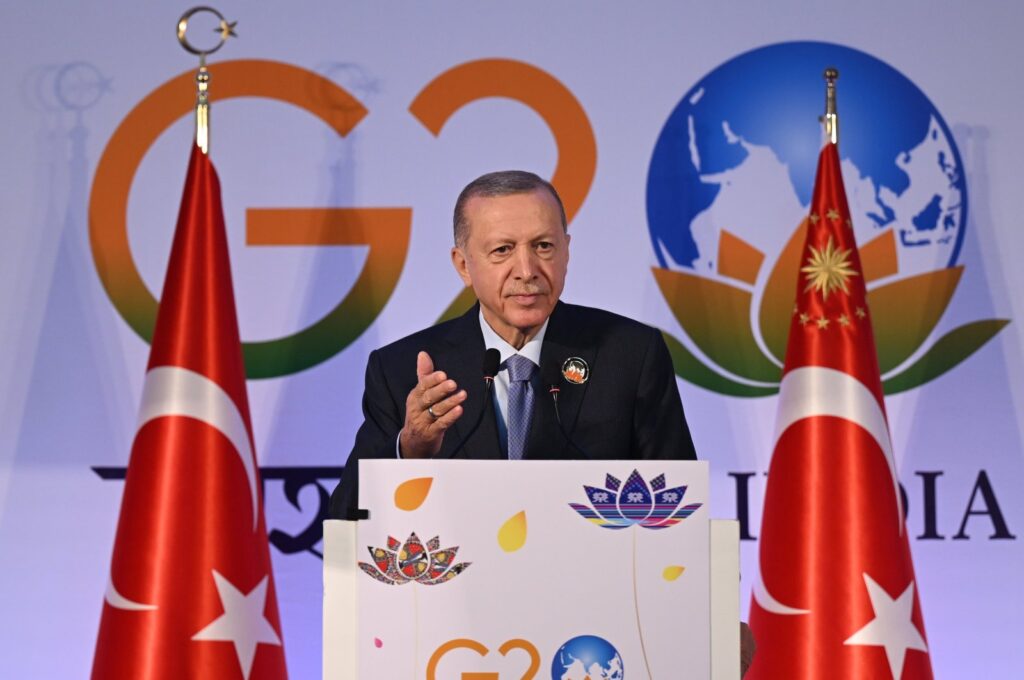 President Recep Tayyip Erdoğan speaks at a press conference after the G20 leaders summit in New Delhi, India, Sept.10, 2023 (AA Photo)
