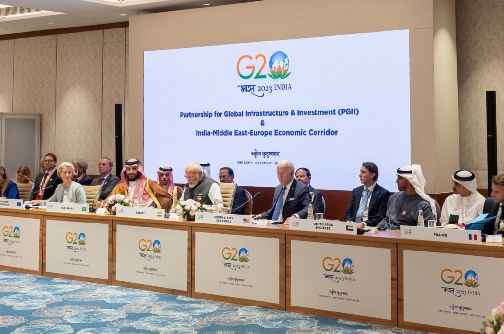 Leaders attend the India-Middle East-Europe Economic Corridor meeting on the sidelines of the G-20 Summit in New Delhi, India, Sept. 9, 2023. (EPA Photo)
