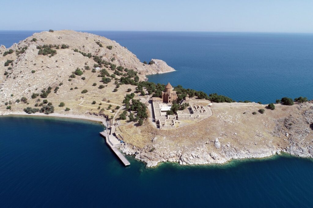 An aerial view of the ancient Armenian church on Akdamar Island in Lake Van, Van, Türkiye, Sept. 11, 2023. (AA Photo)