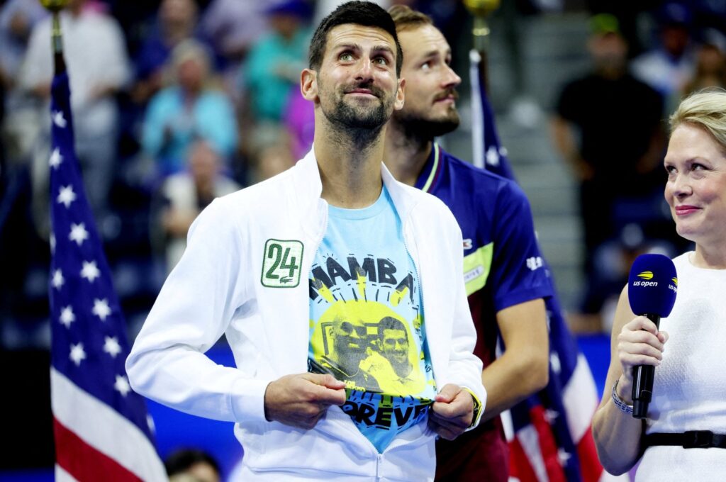 Serbia's Novak Djokovic celebrates while wearing a shirt with an image of Kobe Bryant after winning the U.S. Open Tennis in Flushing Meadows, New York, U.S., Sept. 10, 2023. (Reuters Photo)