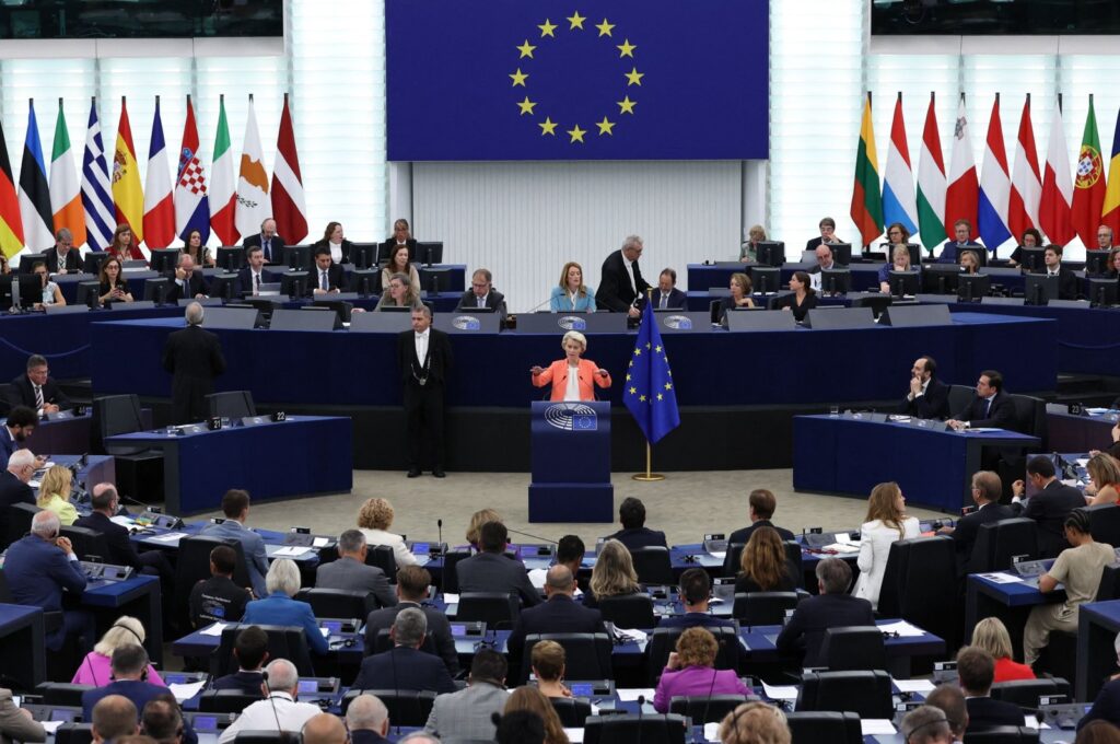 EU Commission President Ursula von der Leyen gives her annual State of the Union address during a plenary session at the European Parliament in Strasbourg, eastern France, Sept. 13, 2023. (AFP Photo)