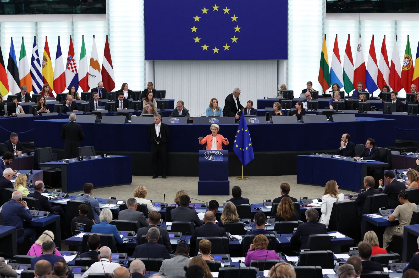 EU Commission President Ursula von der Leyen gives her annual State of the Union address during a plenary session at the European Parliament in Strasbourg, eastern France, Sept. 13, 2023. (AFP Photo)