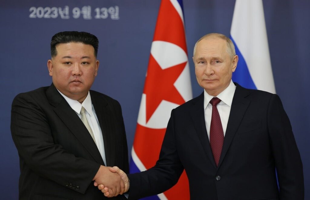 North Korean leader Kim Jong Un (L) shakes hand with President Vladimir Putin at the Vostochny Cosmodrome in Uglegorsk, Russia, Sept. 13, 2023. (IHA Photo)