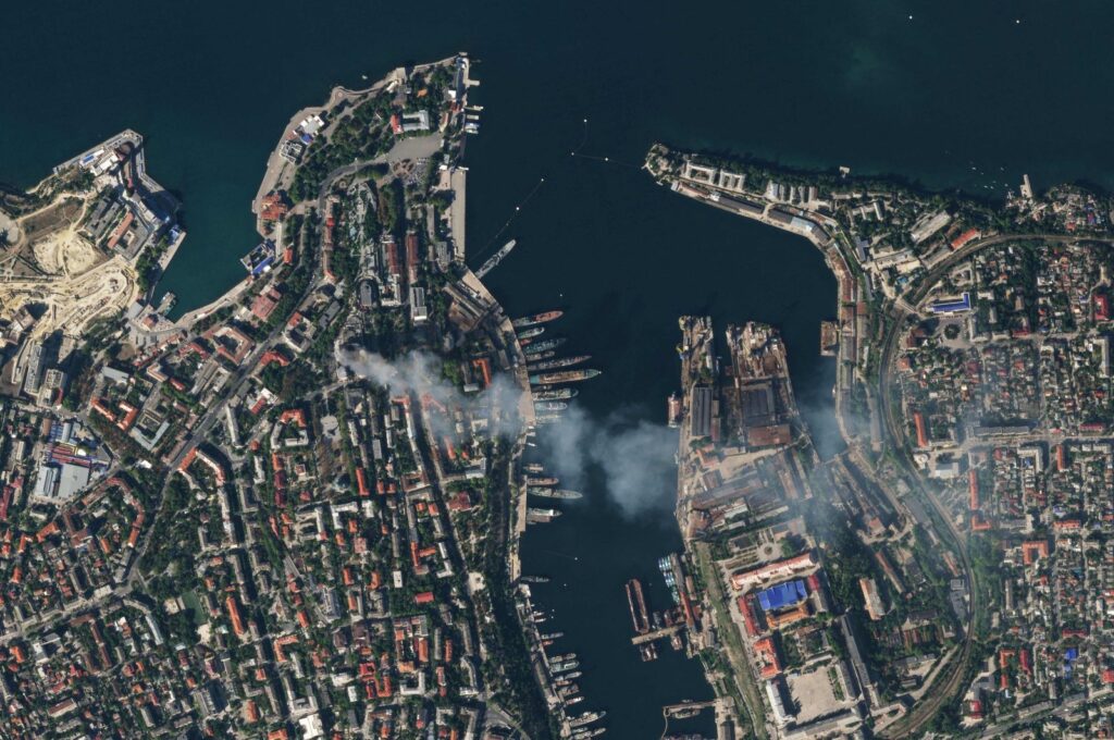 This satellite image shows an aerial view of the city of Sevastopol after a missile attack struck the headquarters of Moscow's Black Sea fleet, annexed Crimea, Ukraine, Sept. 22, 2023.