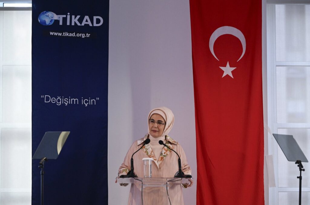 First lady Emine Erdoğan speaks at the "Women Leading the World" event in New York, U.S., Sept. 21, 2023. (AA Photo)