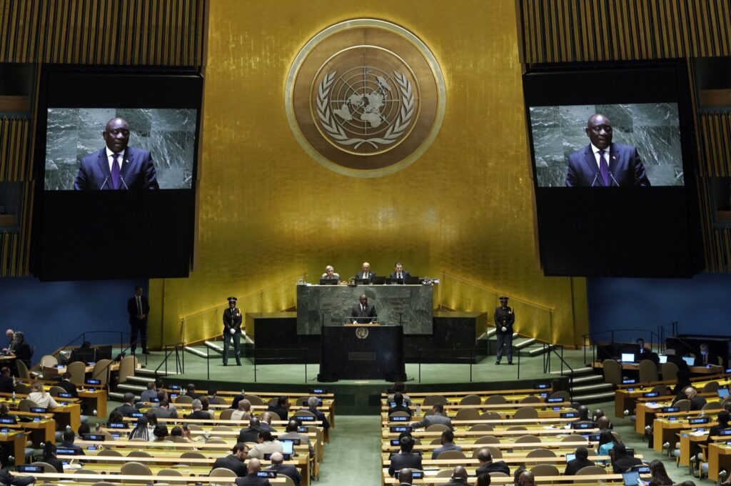 South Africa's President Matamela Cyril Ramaphosa addresses the 78th session of the United Nations General Assembly, New York, U.S., Sept. 19, 2023. (AP Photo)
