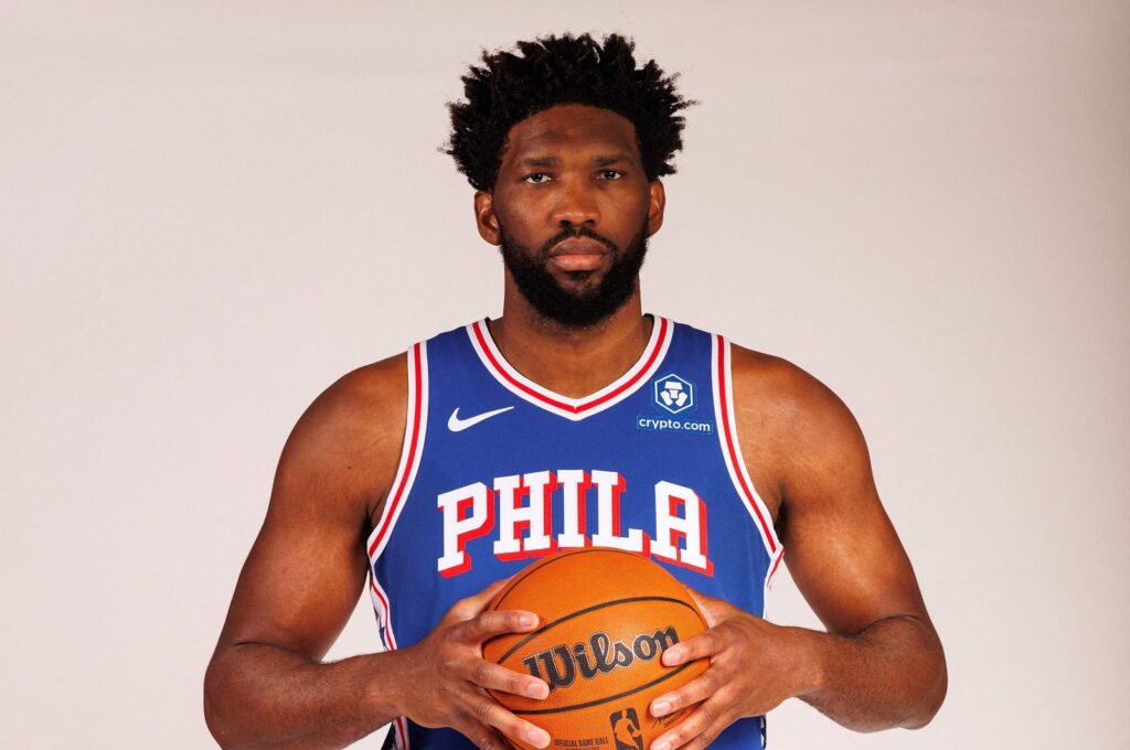 Philadelphia 76ers's Joel Embiid poses for a portrait during Philadelphia 76ers media day at 76ers Training Complex, New Jersey, US., Oct.2, 2023. (AFP Photo)