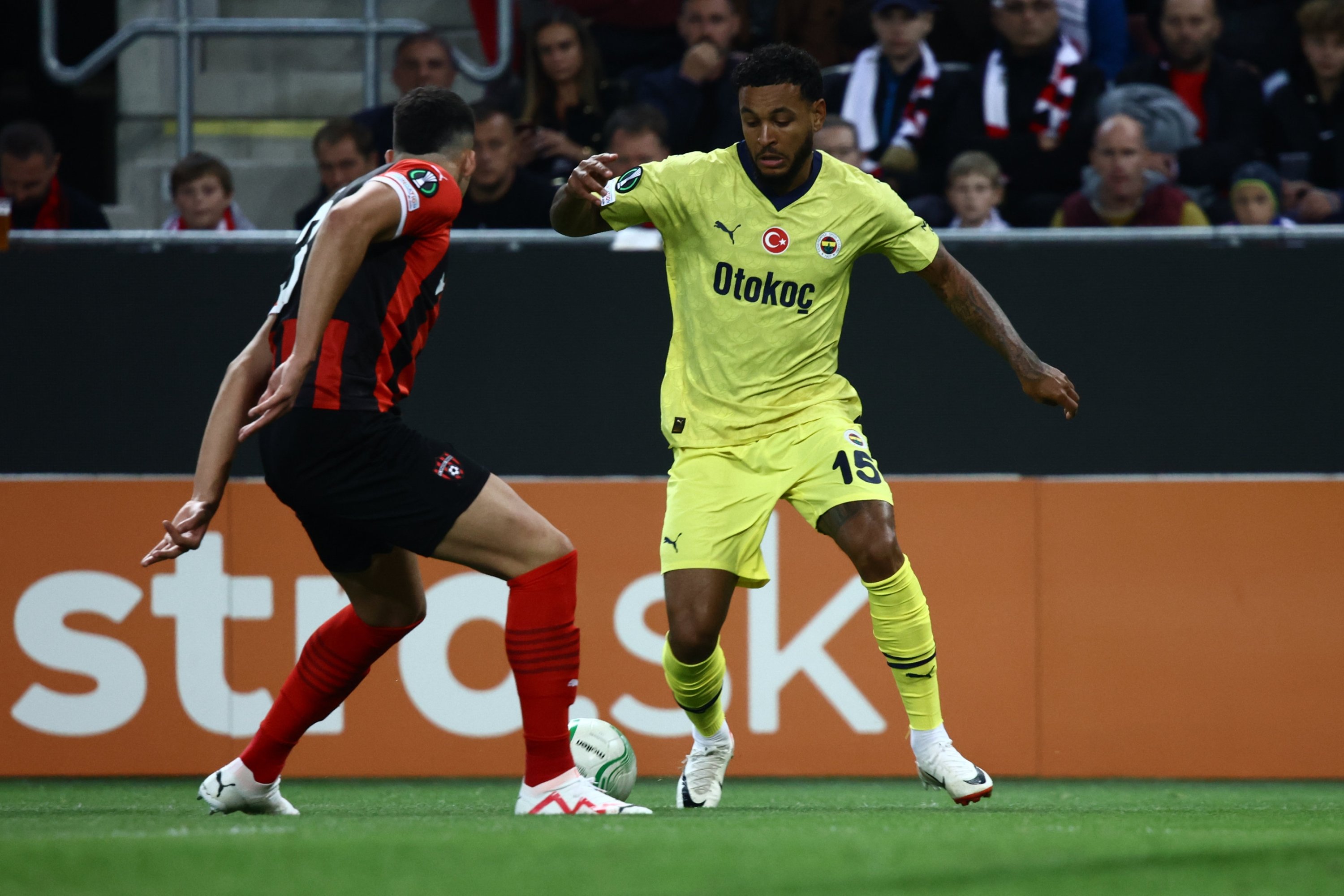 295509 Fenerbahçe's Joshua King (R) in action during the Spartak Trnava and Fenerbahce Conference League group stage match, Trnava, Slovakia, Oct. 5, 2023. (AA Photo)