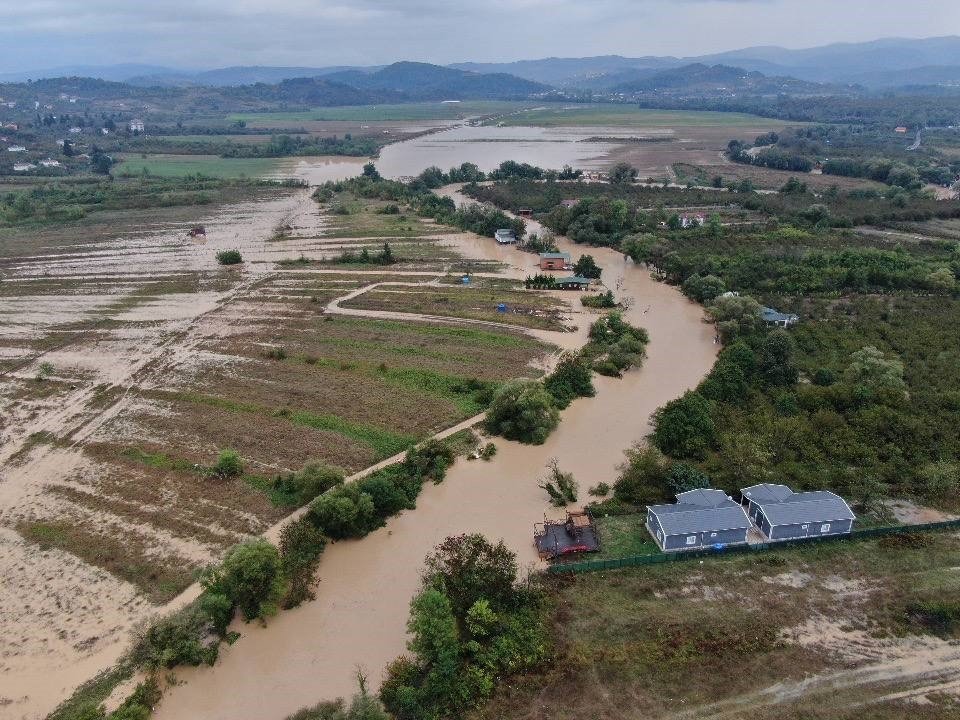 An aerial view of submerged agricultural lands due to overflow of Yeşilçay Stream in Istanbul's Şile district, Türkiye, Oct. 2, 2023. (IHA Photo)