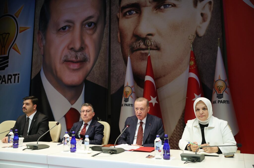 President Recep Tayyip Erdoğan (L-3) presides over his governing Justice and Development Party's (AK Party) Central Decision and Executive Board (MKYK) meeting in Ankara, Türkiye, Oct. 7, 2023. (AA Photo)