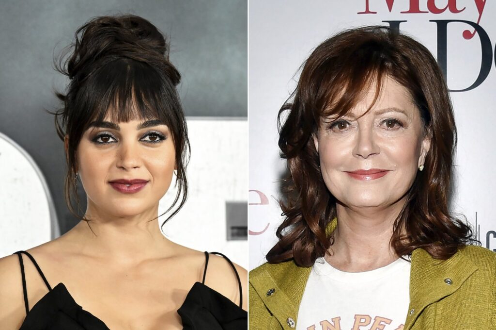 Melissa Barrera (L) attends the world premiere of "Scream VI" in New York and Susan Sarandon attends a special screening of "Maybe I Do" in New York. Sarandon and Barrera were each dropped by Hollywood companies after making comments on the Israel-Hamas war that some deemed anti-Semitic. (AP Photos)