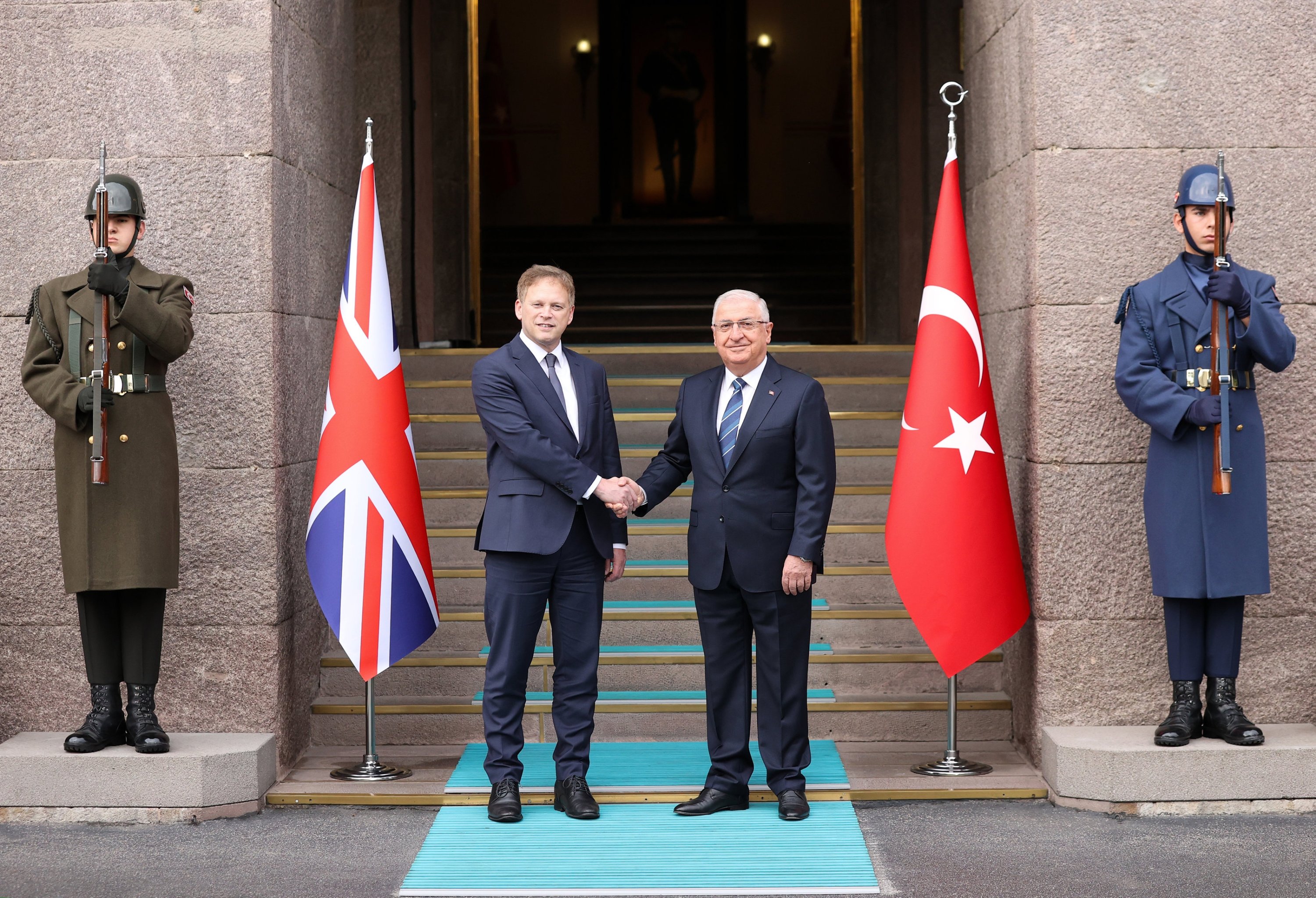 302478 Defense Minister Yaşar Güler (R) welcomed British Secretary of State for Defence Grant Shapps with a military ceremony at the National Defense Ministry, Ankara, Türkiye, Nov. 23, 2023. (AA Photo)