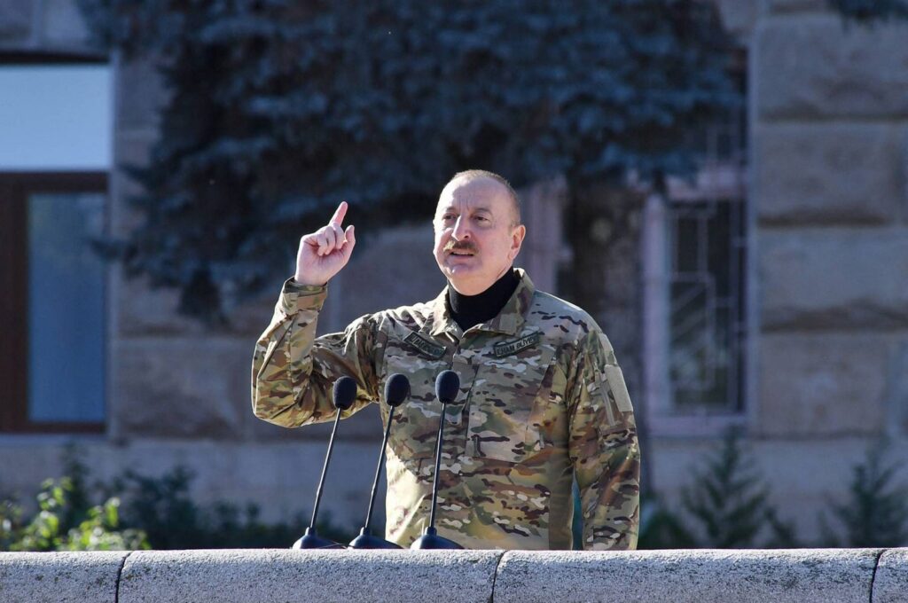 Azerbaijan's President Ilham Aliyev attends a military parade in Khankendi, Karabakh, Azerbaijan, Nov. 8, 2023. (AFP Photo)