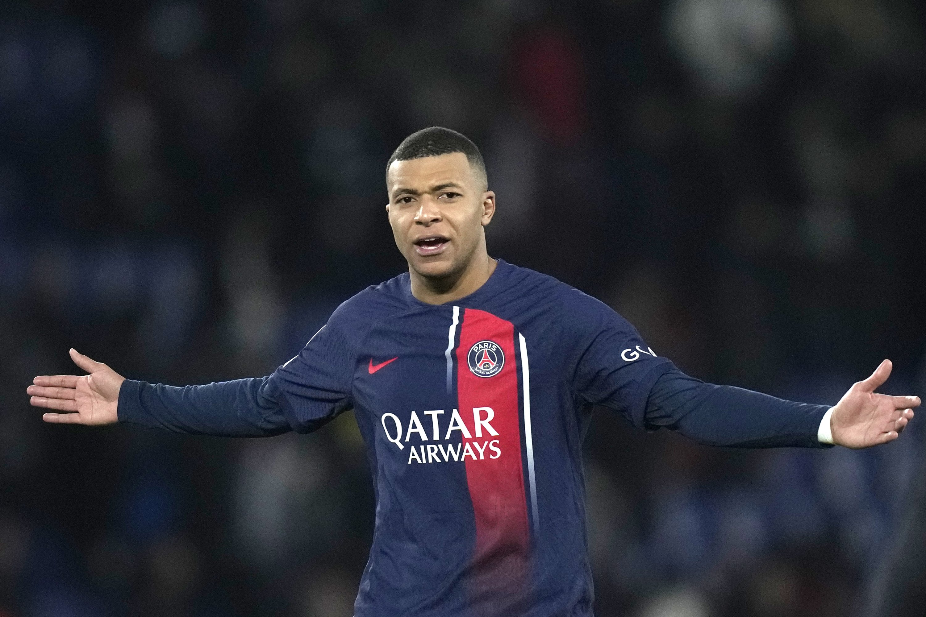 303531 PSG's Kylian Mbappe reacts after the Champions League match between against Newcastle United at the Parc des Princes, Paris, France, Nov. 28, 2023. (AP Photo)