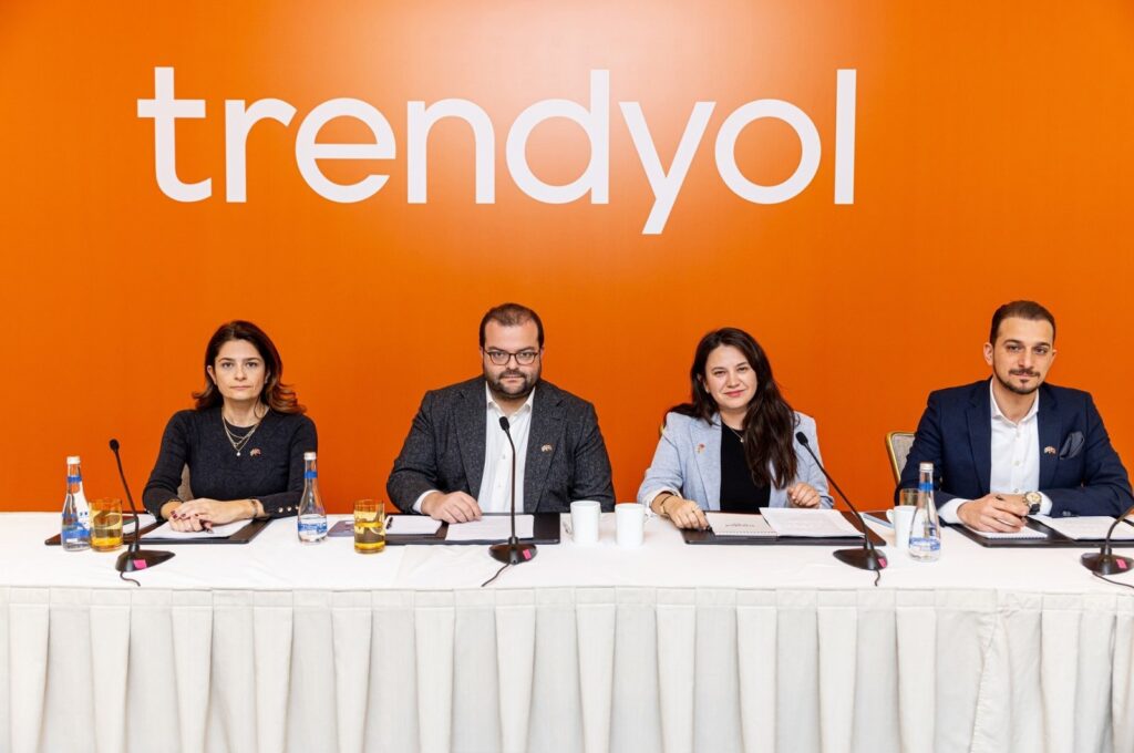 Trendyol CEO Erdem Inan (2-L) during a news conference in Baku, Azerbaijan, Dec. 5, 2023. (IHA Photo)