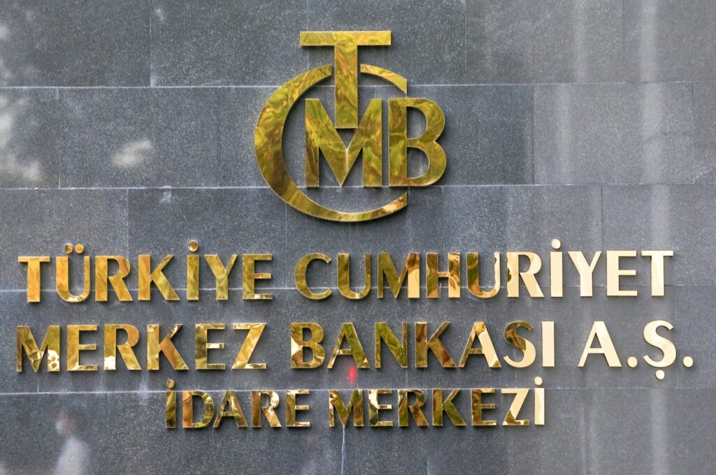 A logo of the Central Bank of the Republic of Türkiye (CBRT) is pictured at the entrance of its headquarters in Ankara, Türkiye, Oct. 15, 2021. (Reuters Photo)