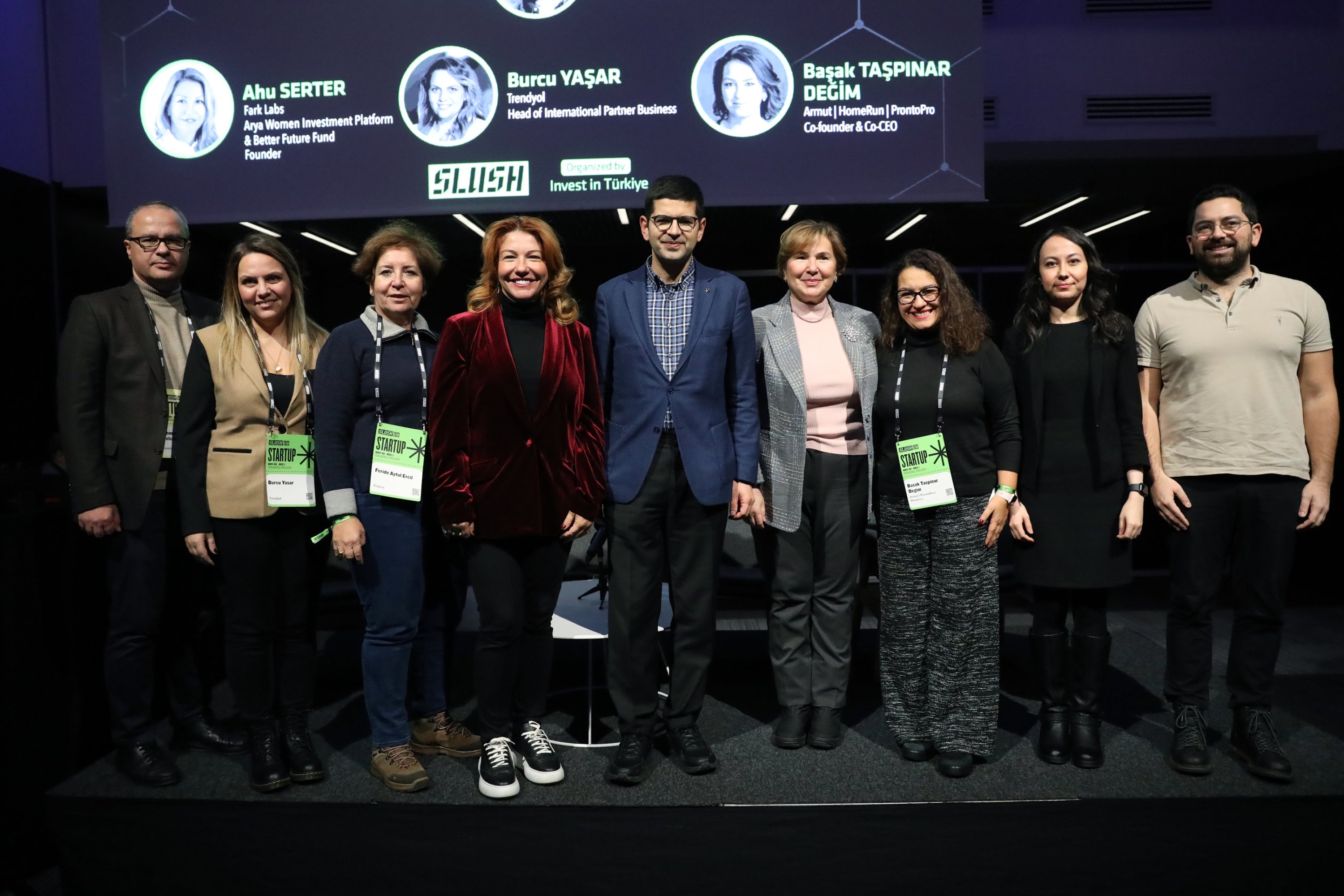 304395 Türkiye’s Presidential Investment Office head Ahmet Burak Dağlıoğlu (C) poses with Turkish startup representatives, including Başak Taşpınar Değim (3-R) founder of Armut.com, Burcu Yaşar, Trendyol Group’s International Trade Director (2-L) and Turkish Ambassador to Helsinki Deniz Çakar (4-R) attend