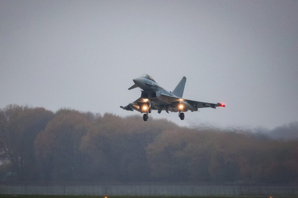 A Eurofighter jet of the Tactical Air Force Wing 71 "Richthofen" of the German Armed Forces Bundeswehr approaches during the Hannover Shield" exercise 2023 at the airport in Hannover, northern Germany, Nov. 27, 2023. (AFP Photo)