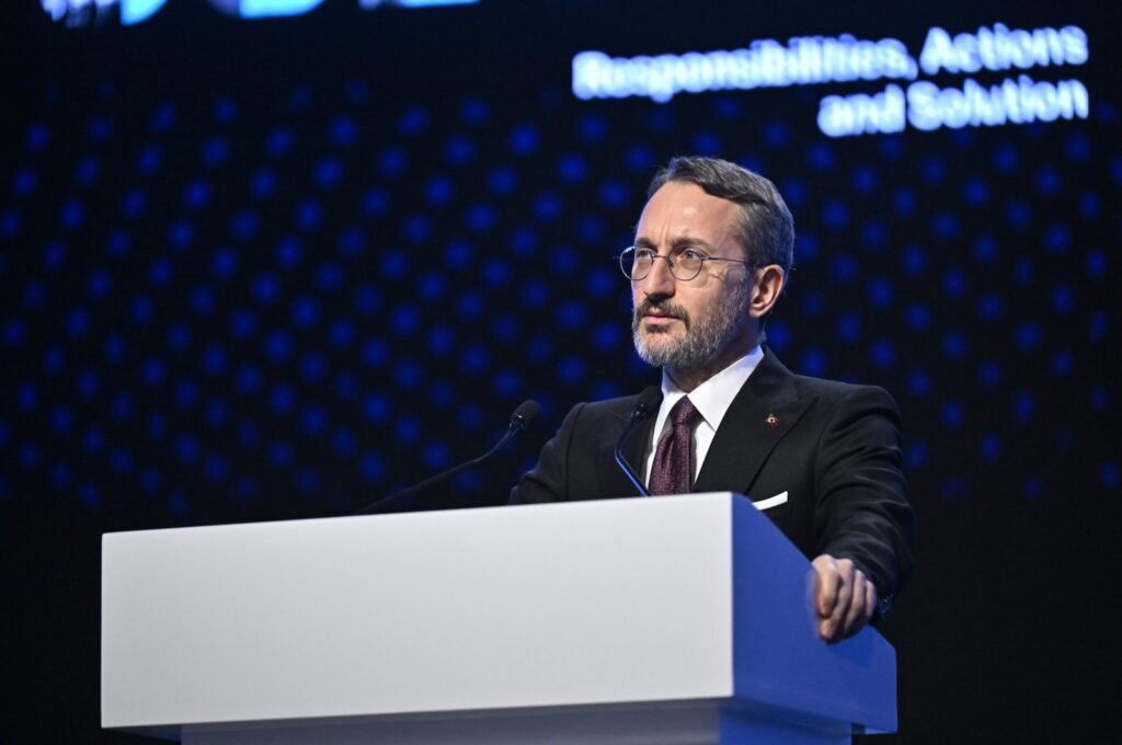 Presidential Communications Director Fahrettin Altun speaks at the TRT World Forum 2023 in Istanbul, Türkiye, Dec. 9, 2023. (AA Photo)
