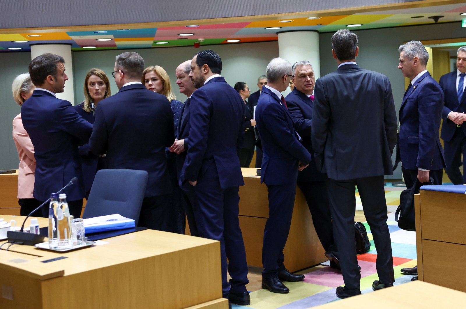 European Commission President Ursula von der Leyen, France's President Emmanuel Macron, European Parliament President Roberta Metsola, Latvian Prime Minister Evika Silina, German Chancellor Olaf Scholz, Greek Cyprus administration leader Nikos Christodoulides, Bulgarian Prime Minister Nikolai Denkov, Hungary's Prime Minister Viktor Orban and Greece's Prime Minister Kyriakos Mitsotakis attend a European Union leaders summit, Brussels, Belgium Dec. 14, 2023. (Reuters Photo)