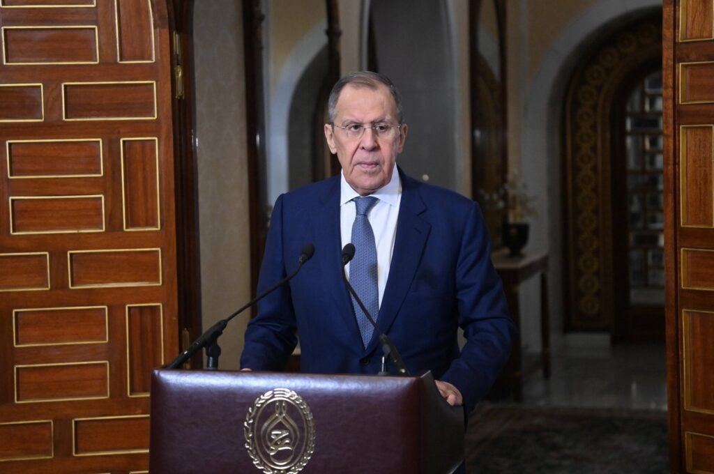 A handout photo made available by the Tunisian Presidency Press Service shows Russian Foreign Minister Sergey Lavrov speaking to the media after his meeting with Tunisian President Kais Saied (not pictured) at the presidential palace in Carthage, Tunis, Tunisia, Dec. 21, 2023. (EPA Photo)