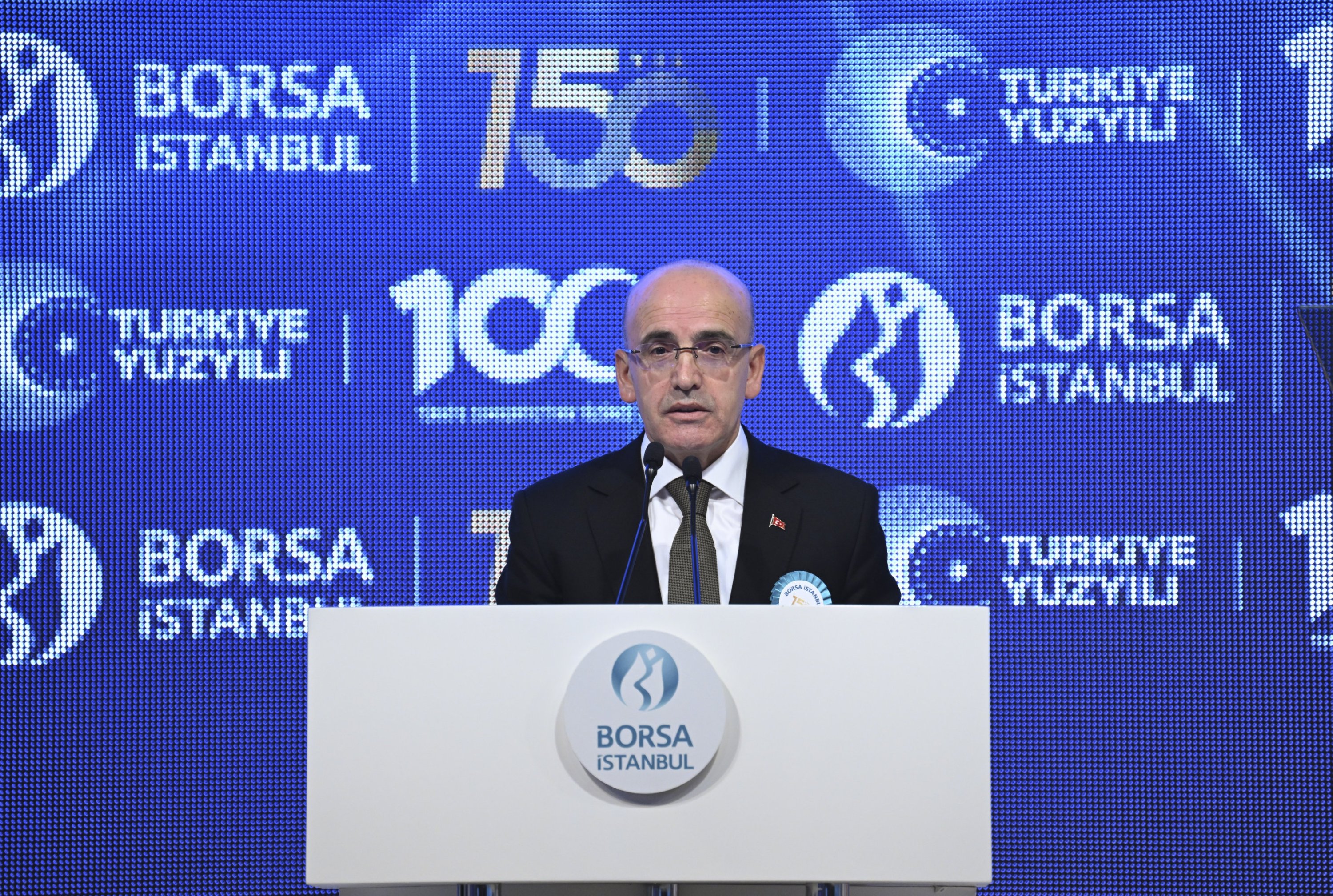 306806 Treasury and Finance Minister Mehmet Şimşek delivers a speech during an event to mark the 150th anniversary of the Borsa Istanbul Stock Exchange (BIST), in Istanbul, Türkiye, Dec. 22, 2023. (AA Photo)