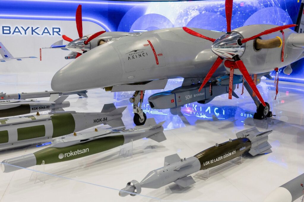 A Bayraktar Akıncı unmanned combat drone is pictured at the Saha Expo Defense & Aerospace Exhibition, Istanbul, Türkiye, Oct. 27, 2022. (Reuters Photo)
