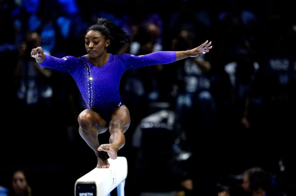 Simone Biles of the U.S. competes in the Women's Balance Beam Apparatus Final on Day 9 of the 2023 Artistic Gymnastics World Championships, Antwerp, Belgium, Oct. 8, 2023. (Getty Images Photo)