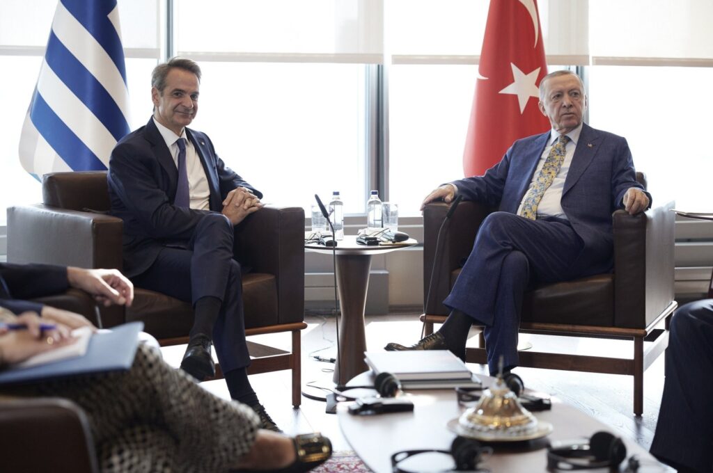 President Recep Tayyip Erdoğan meets with Greek Prime Minister Kyriakos Mitsotakis (L) in the sidelines of the United Nations General Assembly in New York, U.S., Sept. 20, 2023. (AP Photo)