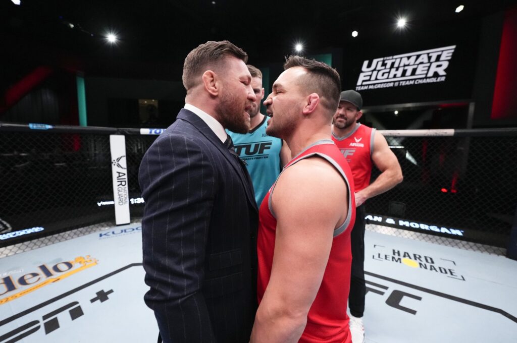 Conor McGregor (L) and Michael Chandler face off during the filming of The Ultimate Fighter at UFC APEX, Las Vegas, Nevada, U.S., March 3, 2023. (Getty Images Photo)