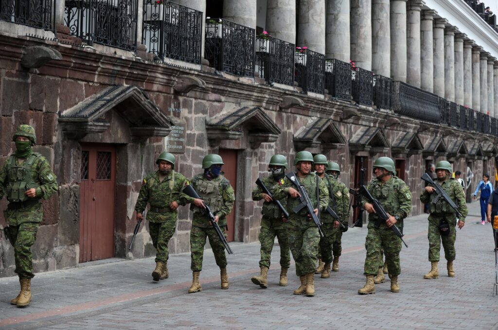 Soldiers patrol a street in Quito, Ecuador, Jan. 9, 2024. (EPA Photo)