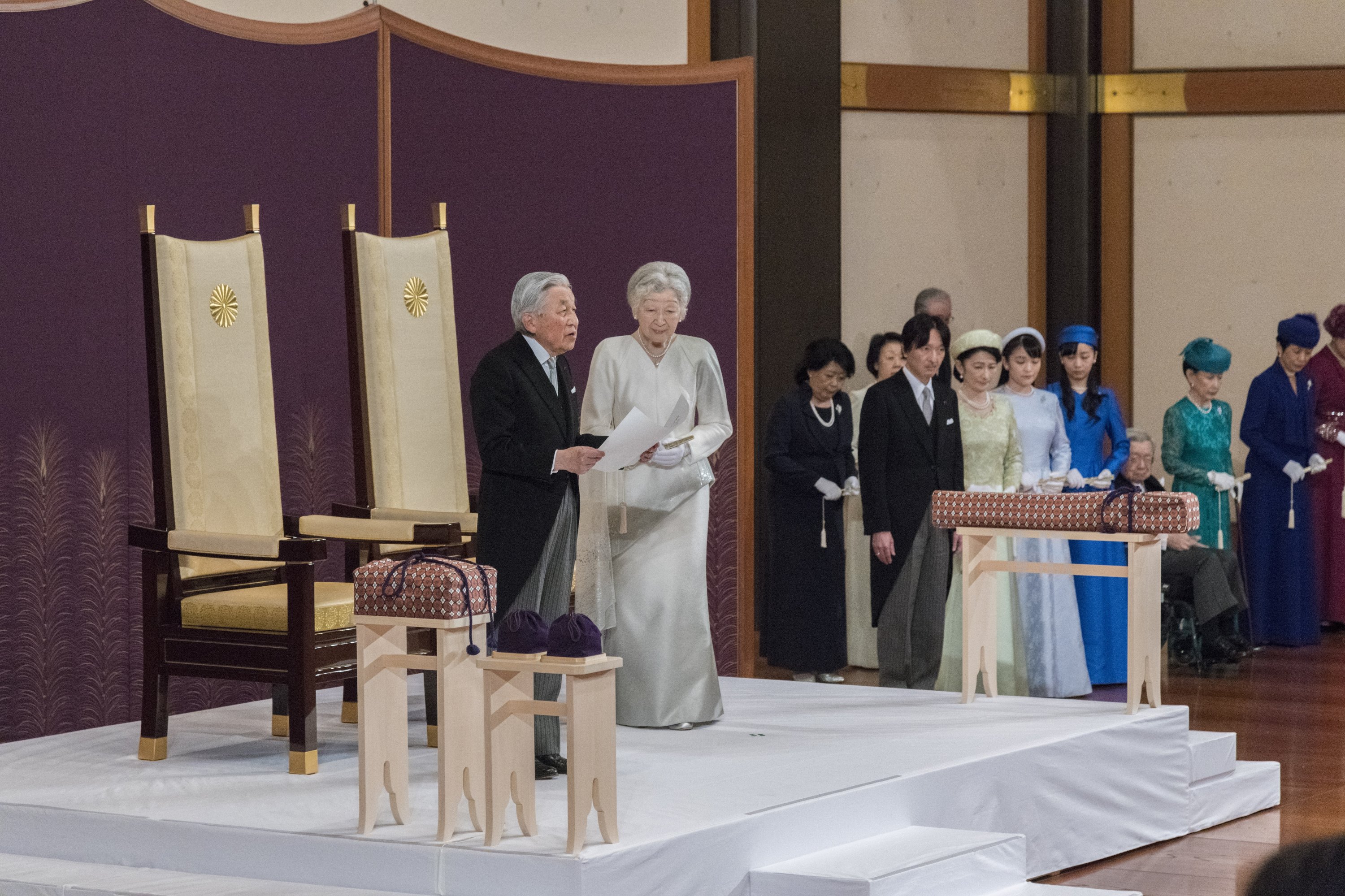 310001 Japanese Emperor Akihito and Empress Michiko attend the abdication ceremony at the Imperial Palace, Tokyo, Japan, April 30, 2019. (Getty Images Photo)