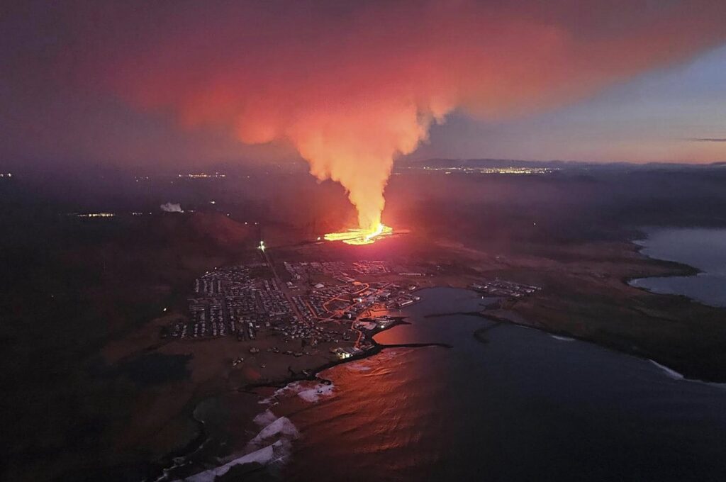 An aerial view of lava as the volcano erupts near Grindavik, Iceland, Jan. 14. 2024. (AP Photo)