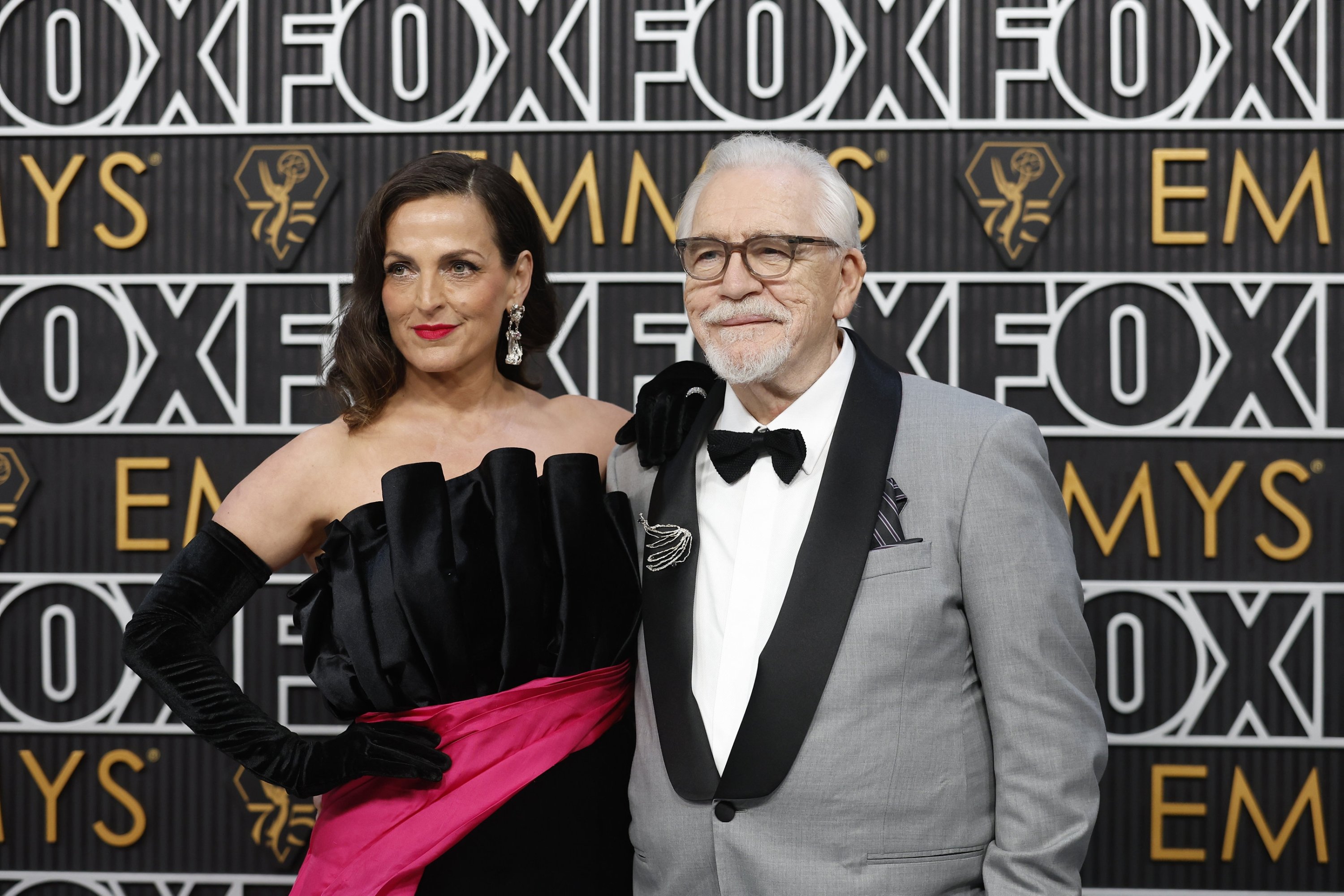 310357 Scottish actor Brian Cox (R) and wife Nicole Ansari-Cox (L) arrive for the 75th annual Primetime Emmy Awards ceremony held at the Peacock Theater in Los Angeles, California, U.S., Jan. 15, 2024. (EPA Photo)