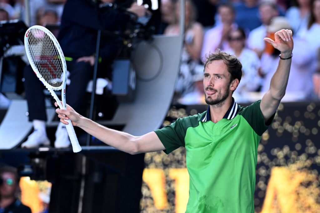 Russia's Daniil Medvedev celebrates his 4th round win against Portugal's Nuno Borges on Day 9 of the 2024 Australian Open at Melbourne Park, Melbourne, Australia, Jan. 22, 2024. (EPA Photo)