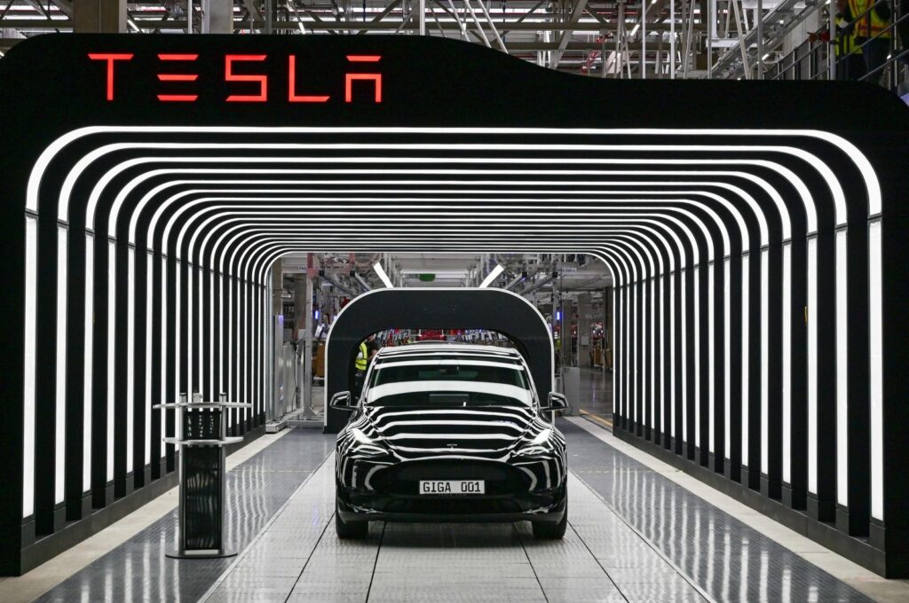 An electric vehicle of the model Y is pictured during the start of production at Tesla's "Gigafactory" in Gruenheide, southeast of Berlin, Germany, March 22, 2022. (AFP Photo)