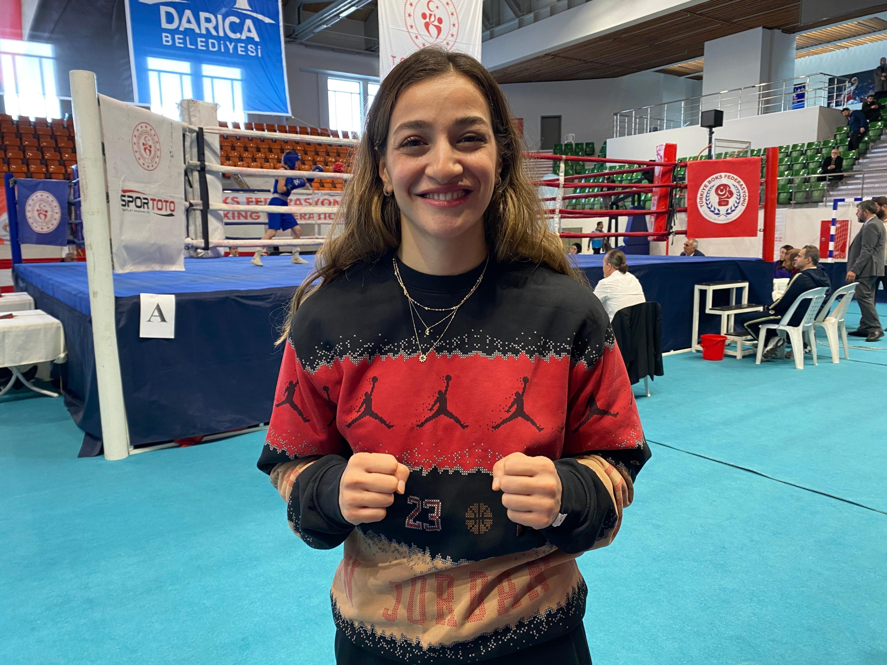 311663 Turkish boxer Buse Naz Çakıroğlu poses for a photo after an interview, Kocaeli, Türkiye, Jan. 8, 2024. (IHA Photo)
