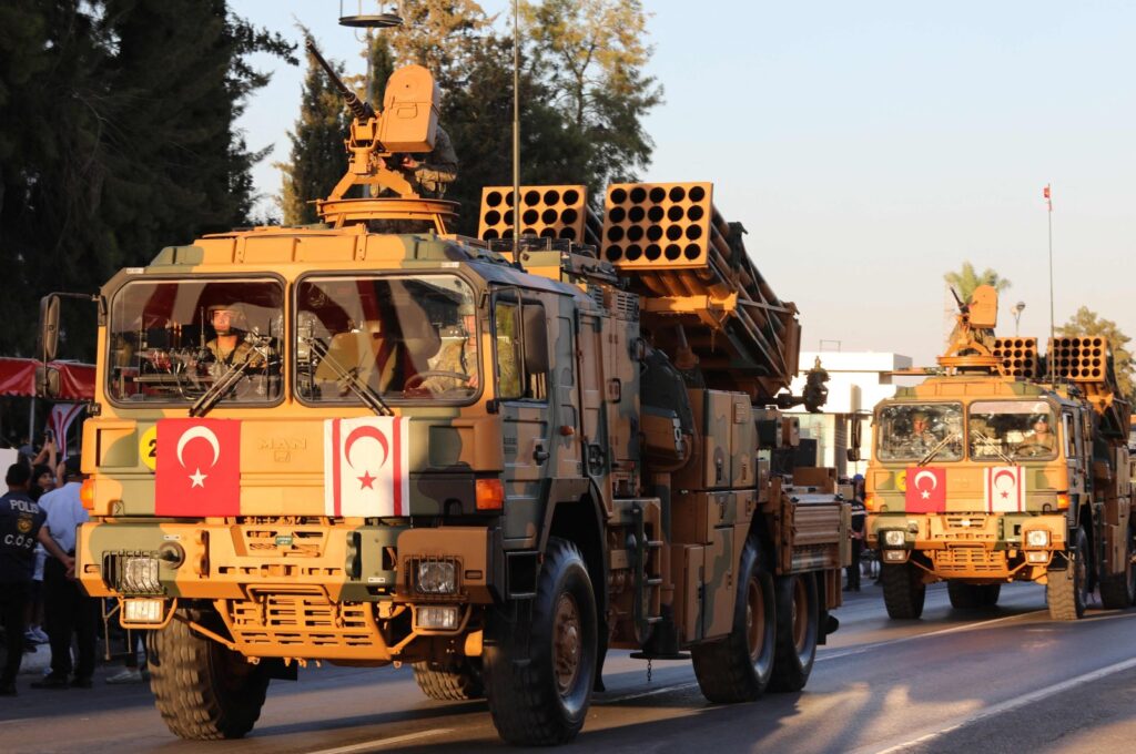 Turkish soldiers parade during an official ceremony commemorating Türkiye's 1974 Cyprus Peace Operation and the establishment of the Turkish Republic of North Cyprus (TRNC), in the capital Lefkoşa (Nicosia), TRNC, July 20, 2023. (AFP Photo)