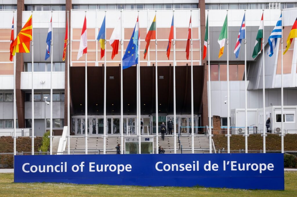 Flags wave outside the Council of Europe building on the day Ukrainian President Volodymyr Zelenskyy addresses the Parliamentary Assembly, in an extraordinary session to discuss Russia's invasion of Ukraine, via videolink in Strasbourg, France March 14, 2022. (Reuters File Photo)