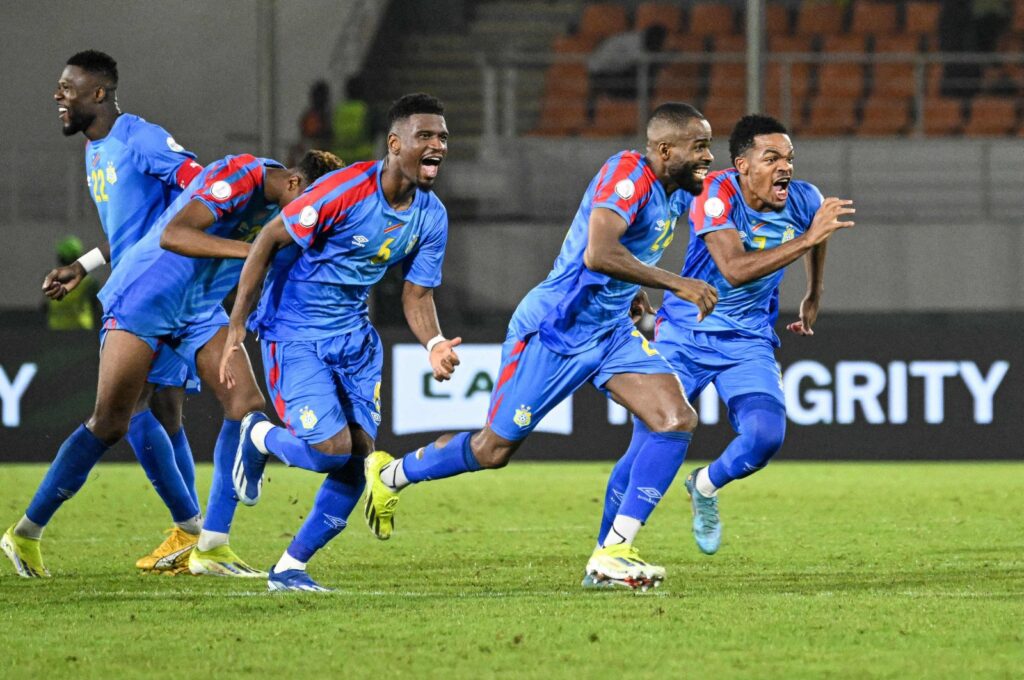 DR Congo's players celebrate after winning at the end of the Africa Cup of Nations (AFCON) 2024 round of 16 football match against Egypt, San Pedro, Ivory Coast, Jan. 28, 2024. (AFP Photo)