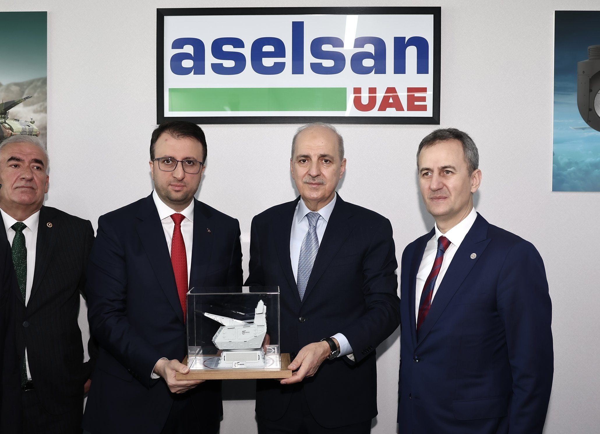 312530 Turkish Parliament Speaker Numan Kurtulmuş (C), head of Defense Industries Presidency Haluk Görgün (R) and Aselsan General Manager Ahmet Akyol during the opening ceremony of the Aselsan office in the United Arab Emirates (UAE), Jan. 30, 2024. (DHA Photo)