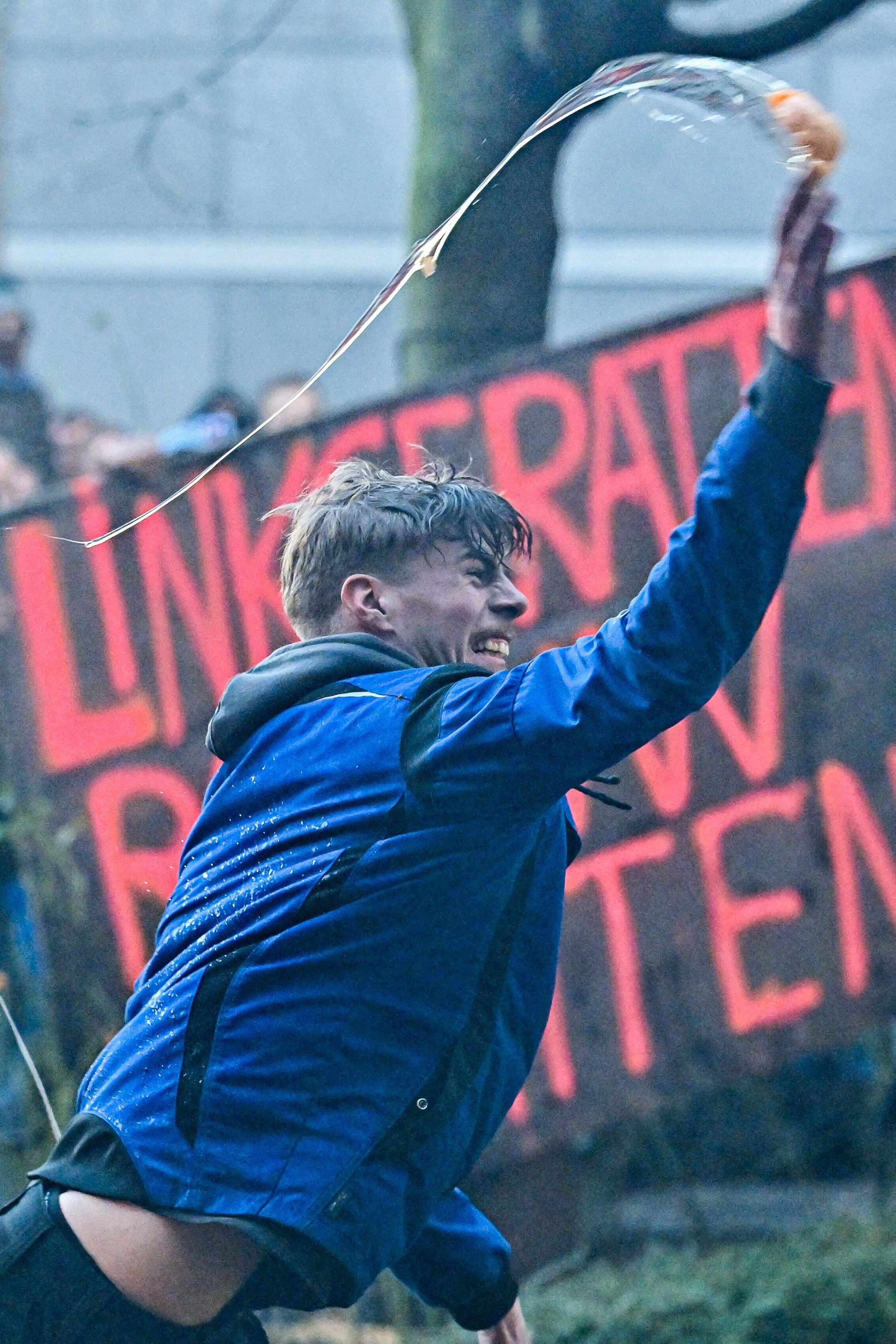 312853 A farmer throws an egg at a protest organized by a farmers union to demand better conditions to grow, produce and maintain a proper income, on the day of a European Council meeting, Brussels, Belgium, Feb. 1, 2024. (AFP Photo)