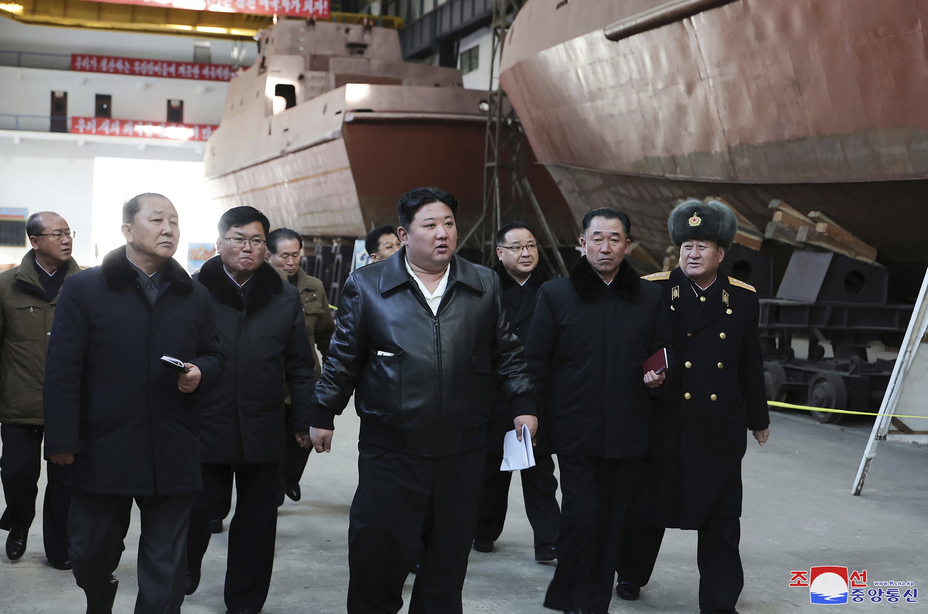 313012 This undated photo provided on Feb. 2, 2024, by the North Korean government, North Korean leader Kim Jong Un (C) visits a shipyard, Nampho, North Korea. (AP Photo)