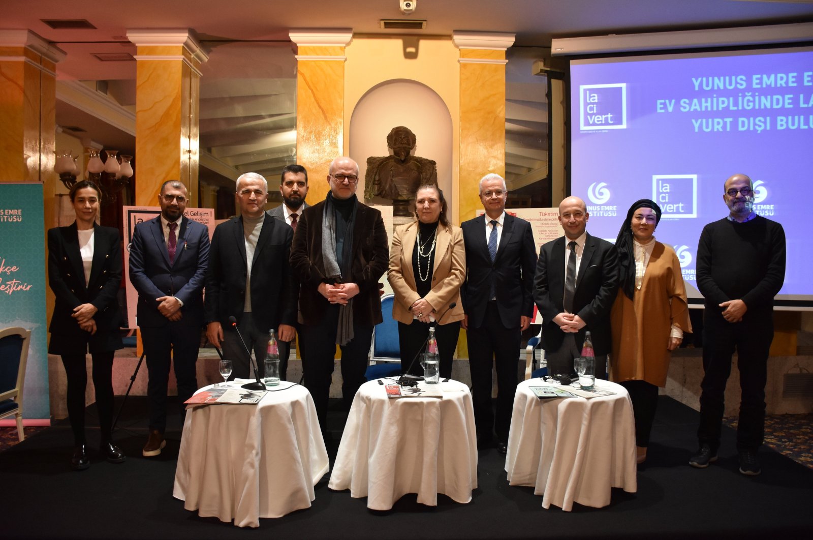 After the event, Lacivert Magazine's Editor-in-Chief Mustafa Akar (2nd L), author Ekrem Demirli (3rd L), Daily Sabah's Editor-in-Chief Ibrahim Altay (4th L), Dr. Kemal Sayar (5th L), Turkuvaz Magazine Group's General Manager Yasemin Gebeş (5th R), Turkey's Ambassador to Rome Ömer Gücük (4th R), YEE Rome Turkish Cultural Center Director Zafer Kıyıcı (3rd R) and his wife Gözde Kıyıcı (2nd R), along with Dr. Savaş Barkçin (far right), pose for a photograph, Rome, Italy, Jan. 25, 2024. (AA Photo)
