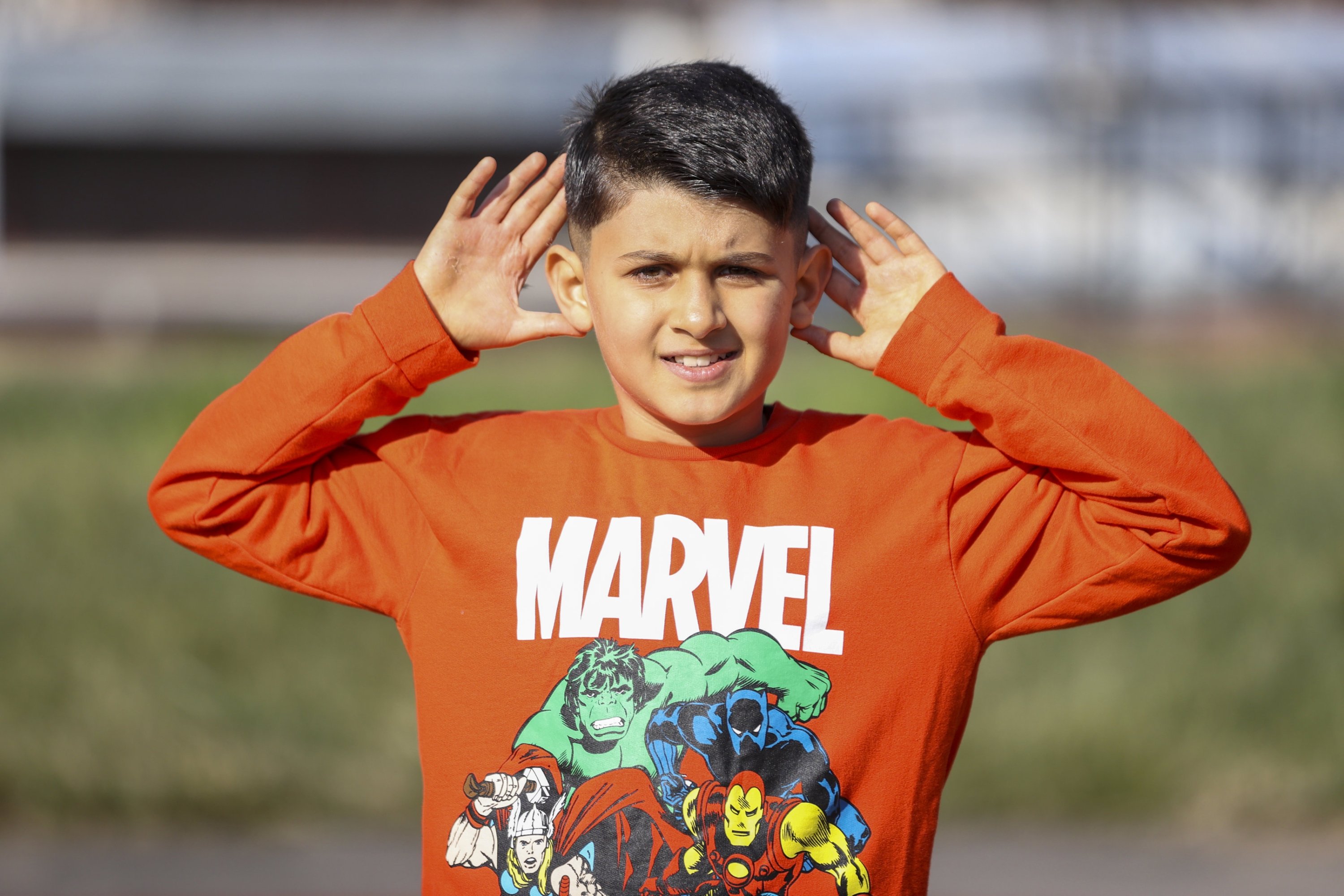 313418 Southeastern Türkiye earthquake survivor Semih Ege Inci shows off Mauro Icardi's celebration pose, Gaziantep, Türkiye, Feb. 5, 2024. (AA Photo)