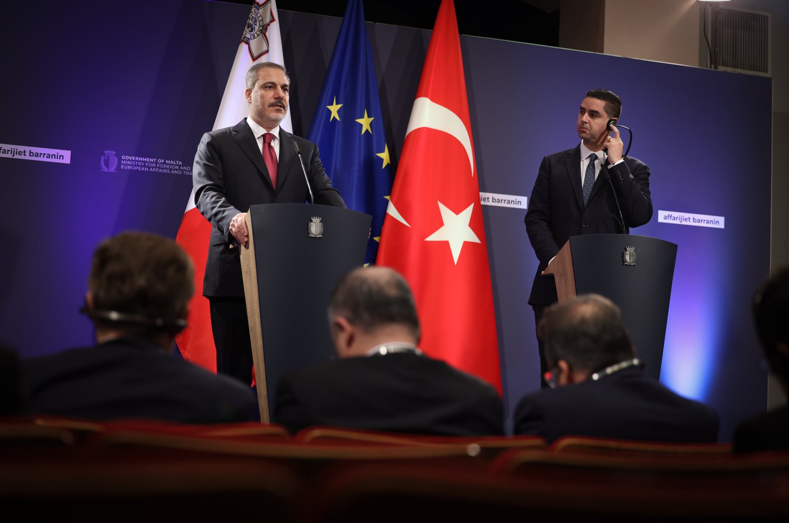 Foreign Minister Hakan Fidan (L) speaks at a news conference with Maltese Foreign Minister Ian Borg, Valletta, Malta, Feb. 6, 2024. (AA Photo)