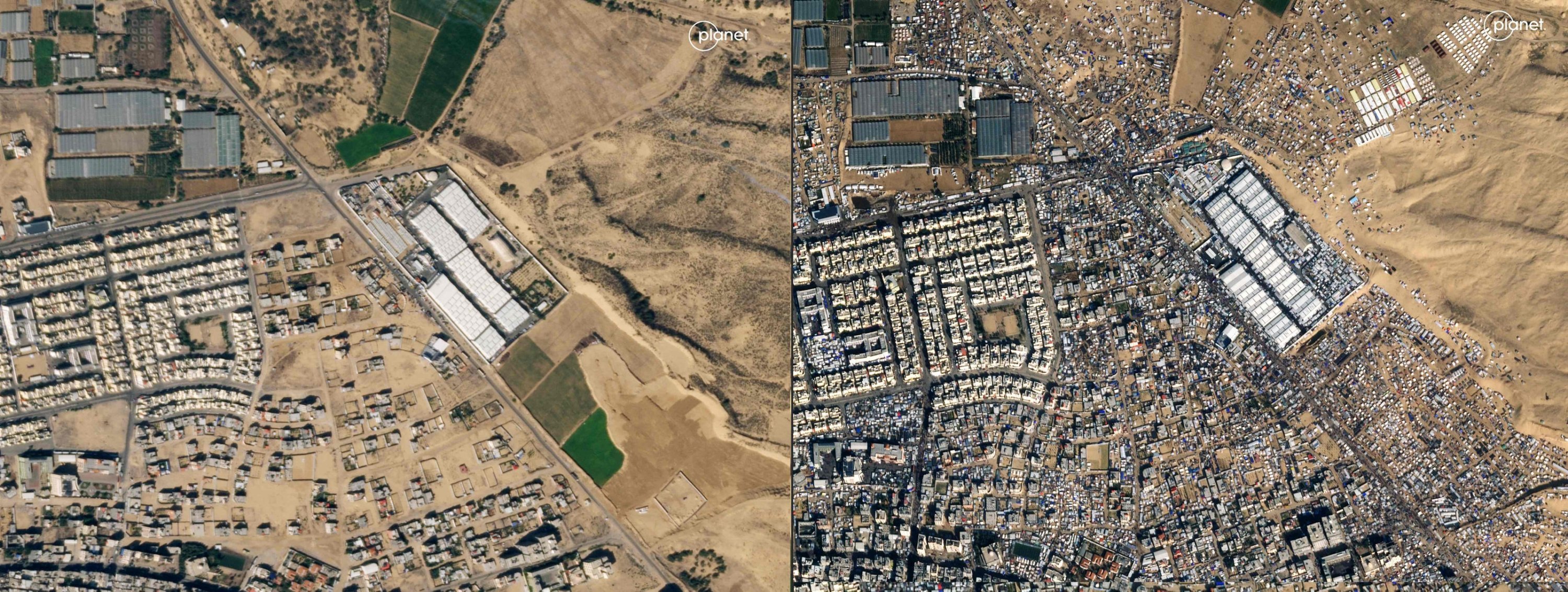 314178 This combination of satellite pictures created on Feb. 9, 2024, shows the Palestinian governorate of Rafah in the southern Gaza Strip on Oct. 15, 2023 (L) and the same spot on Jan. 14, 2024, four months into Israel's war. (AFP Photo)